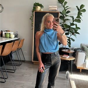 Blue Satin Off the Shoulder Top